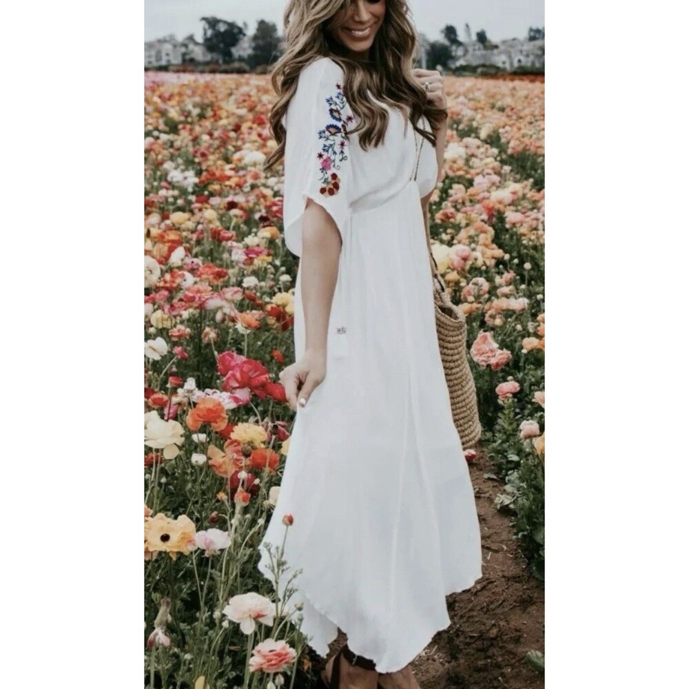 Band Of Gypsies Boho Flutter Cuba Embroidered Peasant Empire Midi Dress Size S - Picture 1 of 13